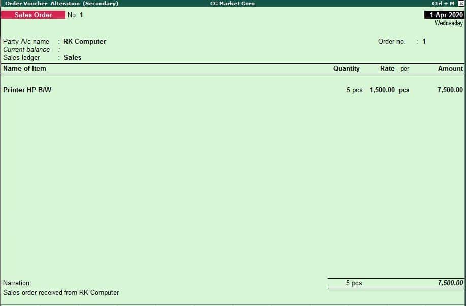 Inventory Voucher in Tally : Sales Order