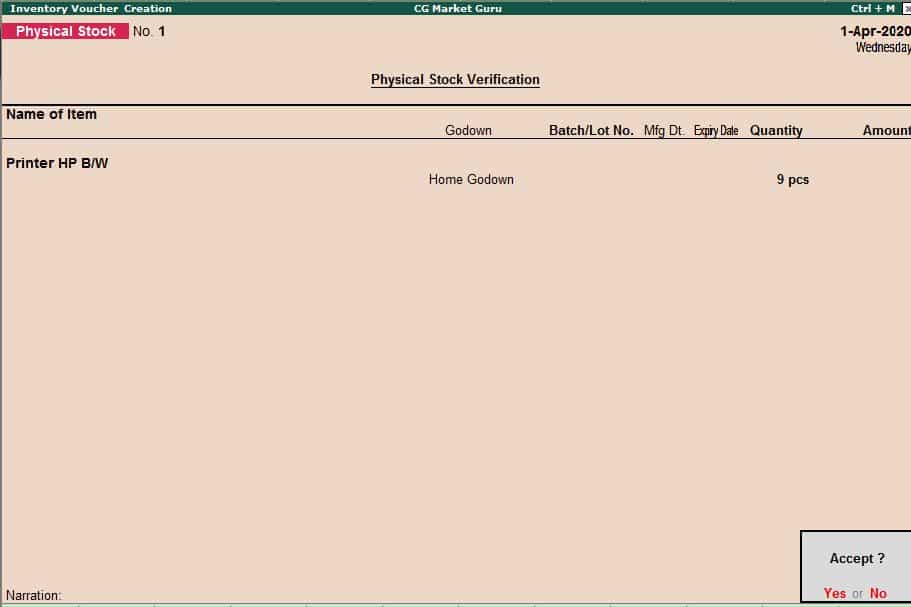 Inventory Voucher in Tally : Physical Stock
