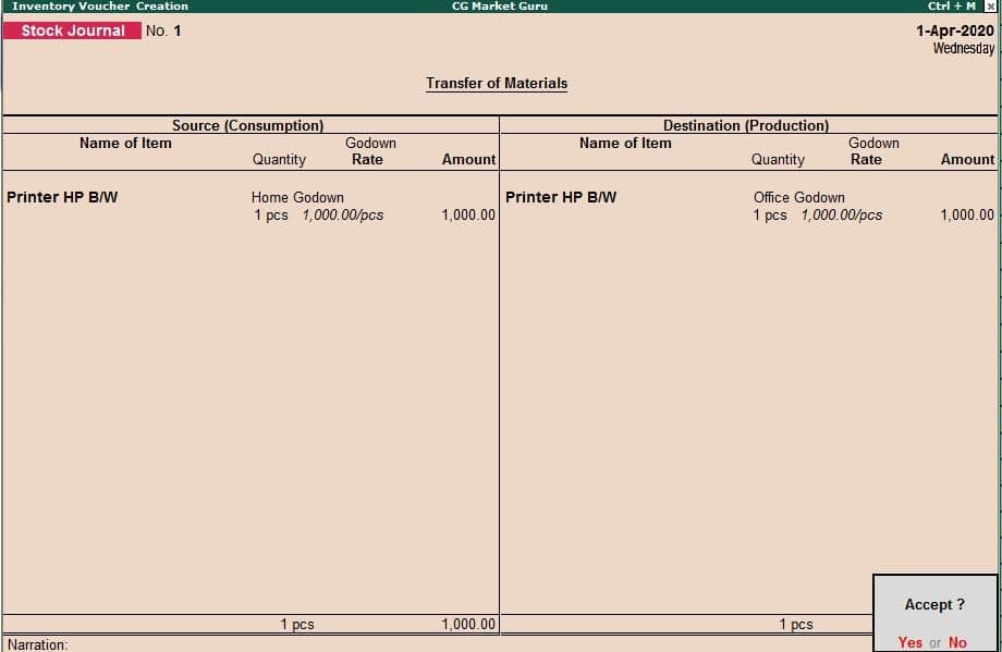 Inventory Voucher in Tally : Stock Journal