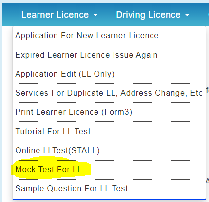 Sarathi Parivhan Sewa Moct Test Option