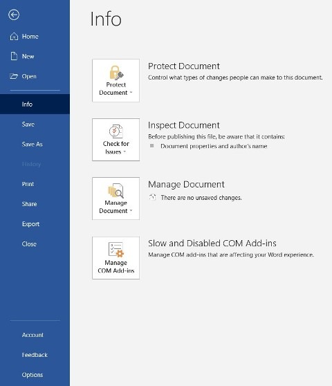File Menu in MS Word 2019