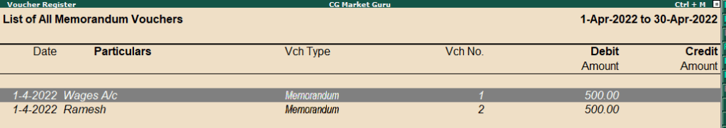 Memorandum Voucher Register in Tally
