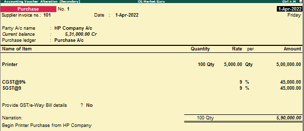 Purchase Voucher Entry in Tally