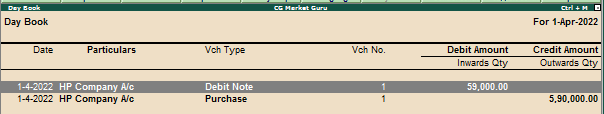 Day Book after Debit Note Entry in Tally
