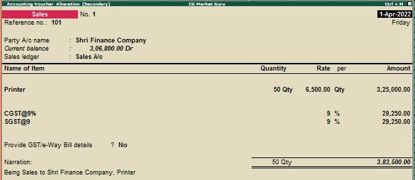 Sales Entry in Tally