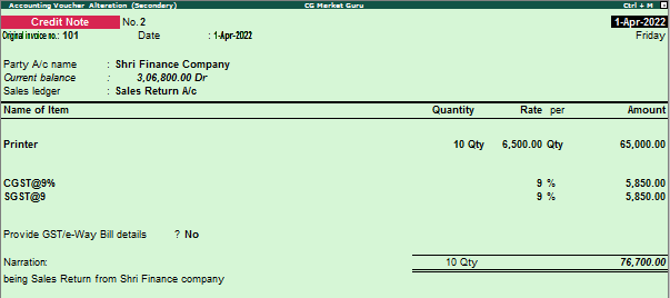 Credit Note Entry in Tally