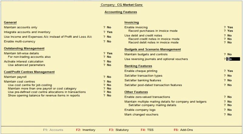 F11 Features in Tally in Hindi: Accounting Features