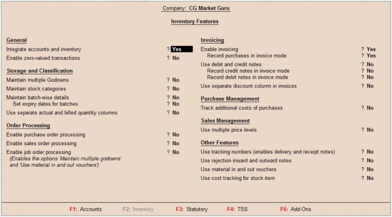 F11 Features in Tally in Hindi: Accounting Features, Inventory Features