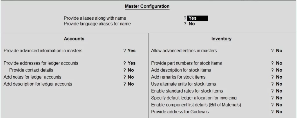 Adanced Configuration :F12 Configuration in Tally